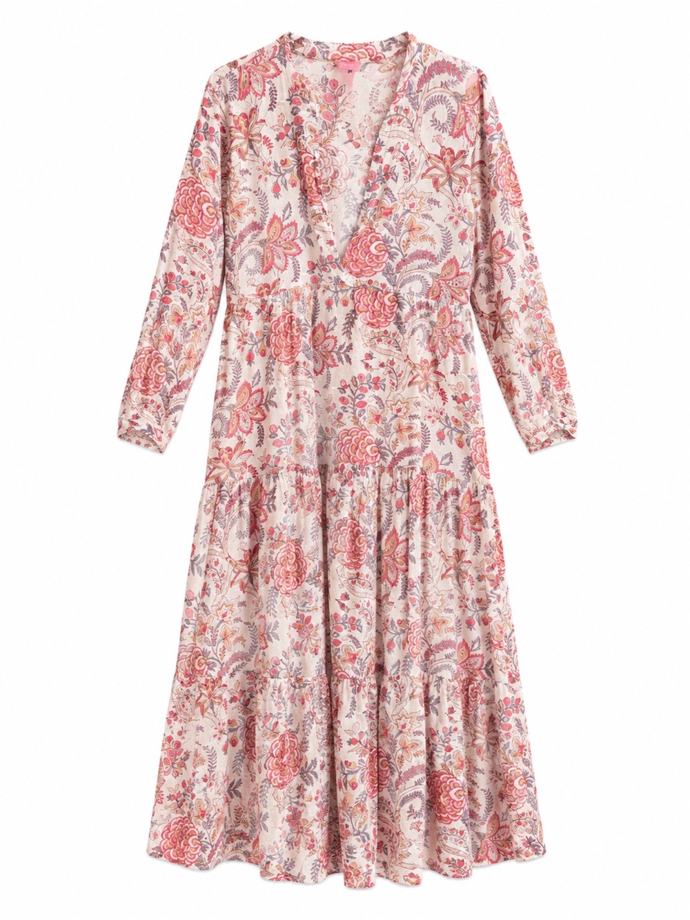 Pink Floral V-Neck Tiered Maxi Dress